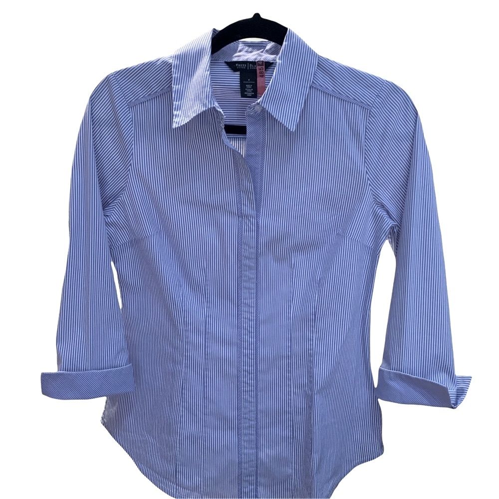 White House Black Market Blue & White Pinstripe Long Sleeve Shirt W/Side Zipper